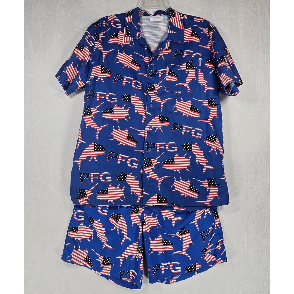 Columbia PFG Mens American Flag Fish Shirt and Shorts Set Blue L/M 1026027